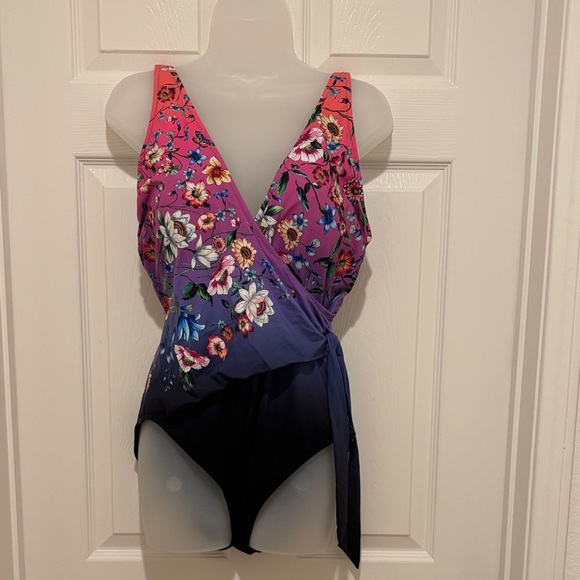 Johnny Was Pink Purple Blue Floral Wrap One-Piece Swimsuit.  New. - Picture 2 of 10